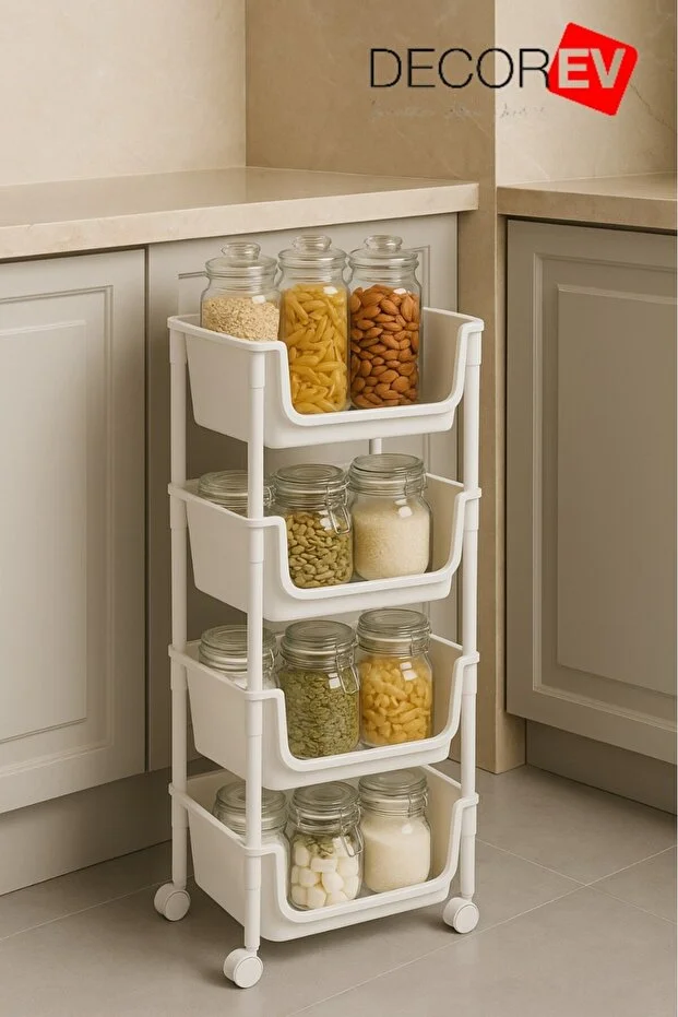 4 Katlı Tekerlekli Plastik Organizer Raf